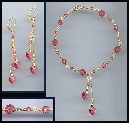 Coral Peach Crystal Heart Anklet Set