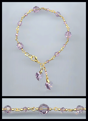Gold Lavender Double Crystal Heart Bracelet