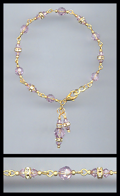 Gold Lavender Rondelle Charm Bracelet