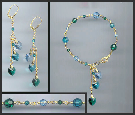 Teal Blue Crystal Heart Bracelet Set
