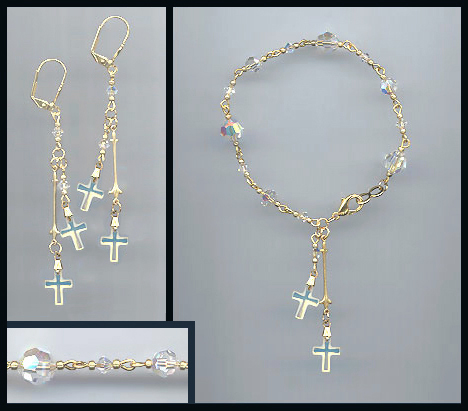 Aurora Borealis Double Cross Bracelet Earring Set