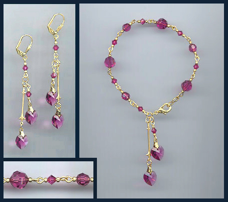 Fuchsia Pink Crystal Heart Bracelet Set