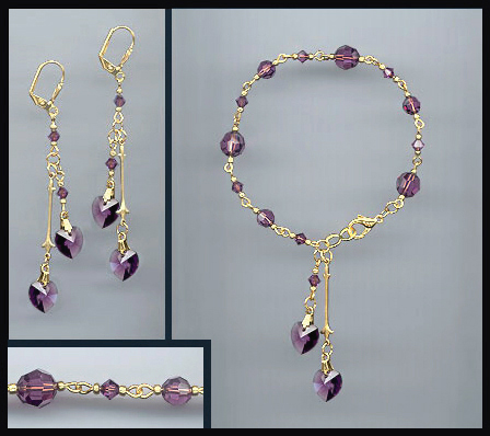 Amethyst Purple Crystal Heart Bracelet Set