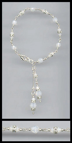 Silver Opal White Crystal Rondelle Drop Bracelet