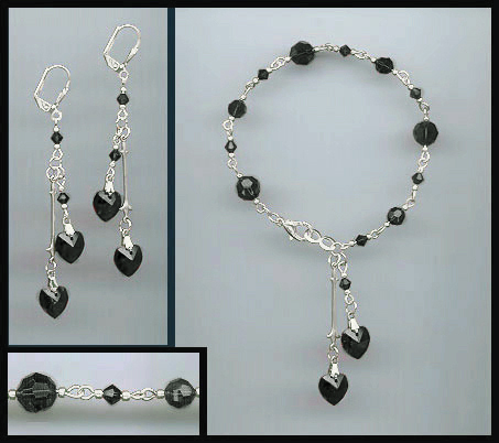 Jet Black Double Heart Bracelet Set