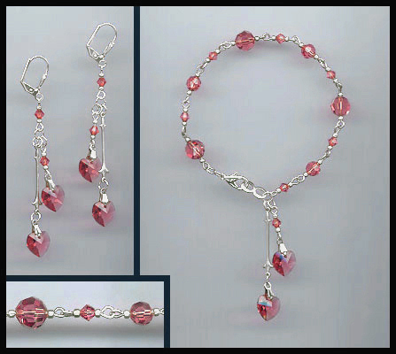 Coral Peach Crystal Heart Bracelet Set