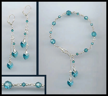 Teal Blue Crystal Heart Bracelet Set