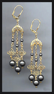 Black Crystal Pearl Chandelier Earrings