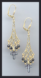 Black Frosted Black Crystal Cross Earrings