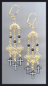 Black Crystal Cross Chandelier Earrings