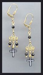 Tiny Black Crystal Cross Earrings