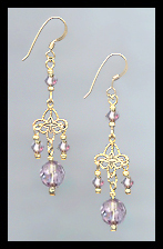 Gold Filigree and Lavender Crystal Earrings