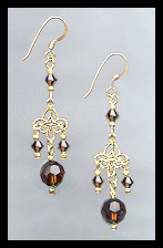 Gold Filigree and Chocolate Brown Crystal Earrings