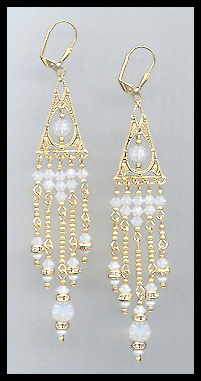 Long Opal White Crystal Chandelier Earrings