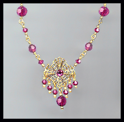 Fuchsia Pink Crystal and Filigree Necklace