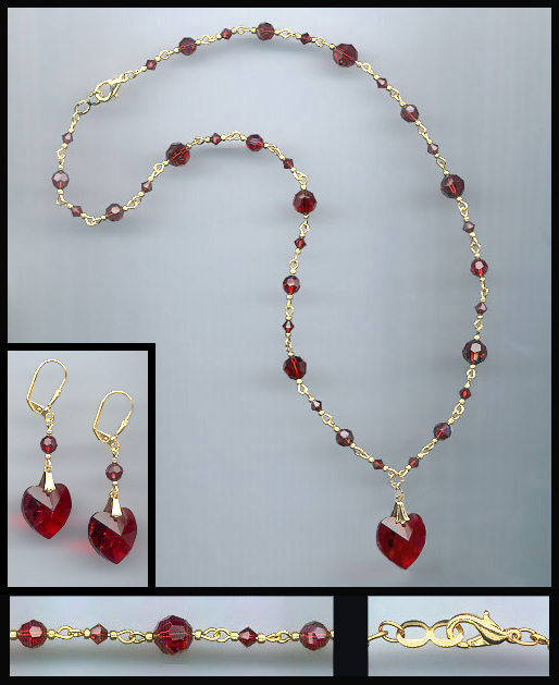 Large Red Crystal Heart Necklace Set