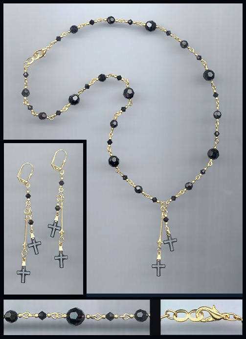 Black Frosted Double Crystal Cross Necklace Set