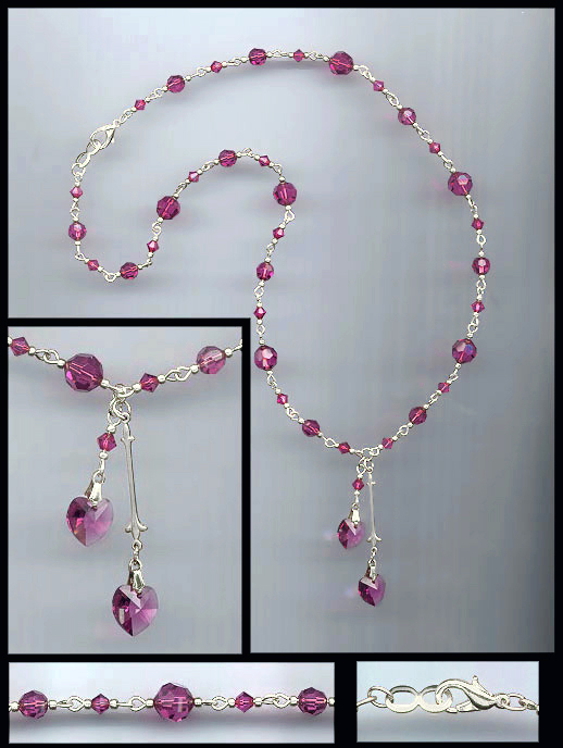 Fuchsia Pink Double Crystal Heart Necklace