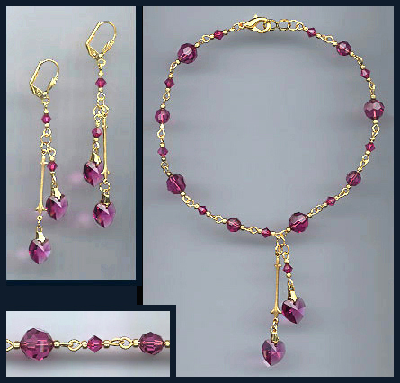 Fuchsia Pink Swarovski Crystal Heart Anklet Set