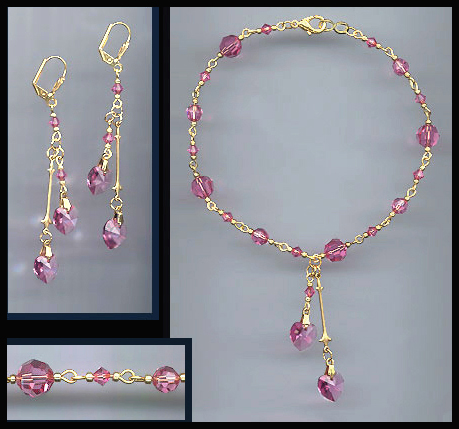 Rose Pink Crystal Heart Anklet Set