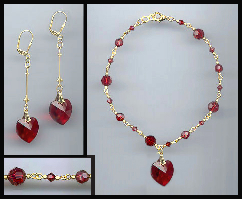 Large Ruby Red Crystal Heart Anklet Set