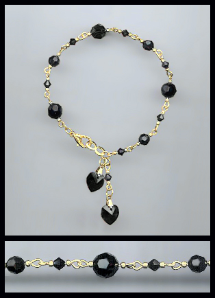 Gold Jet Black Double Crystal Heart Bracelet