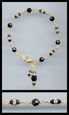 Gold Jet Black Rondelle Charm Bracelet