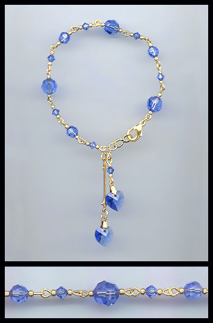 Gold Sapphire Blue Double Heart Bracelet