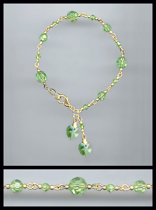 Gold Peridot Green Double Crystal Heart Bracelet