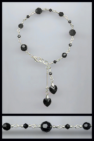 Silver Jet Black Double Heart Bracelet