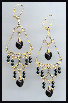 Jet Black Heart Chandelier Earrings