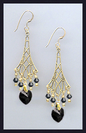Jet Black Filigree Heart Earrings