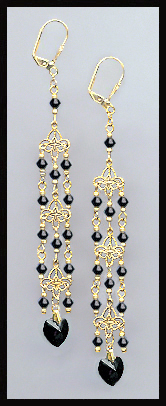 4" Jet Black Crystal Heart Earrings Earrings