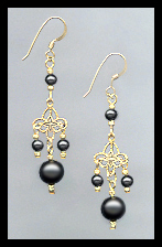 Black Crystal Pearl Filigree Earrings