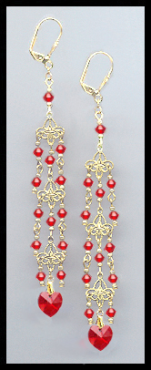 Cherry Red Crystal Heart Chandelier Earrings