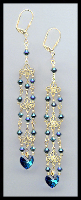 Midnight Blue Crystal Heart Chandelier Earrings