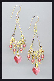 Coral Sunset Crystal Heart Earrings