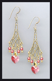 Coral Sunset Crystal Heart Earrings