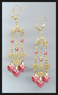 Filigree Coral Sunset Crystal Heart Earrings