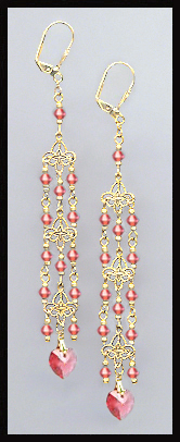 Coral Sunset Crystal Heart Chandelier Earrings