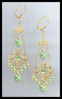 Swarovski Peridot Green Heart Filigree Earrings