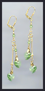 Gold Peridot Green Double Crystal Heart Earrings