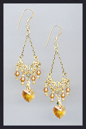 Amber Topaz Crystal Heart Earrings