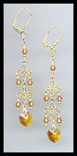 Amber Topaz Crystal Heart Dangle Earrings