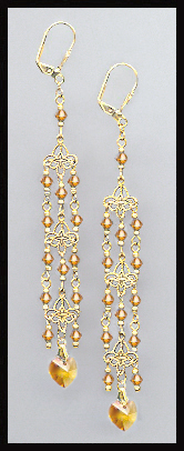 Amber Topaz Crystal Heart Chandelier Earrings