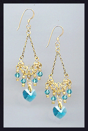 Teal Blue Crystal Heart Earrings