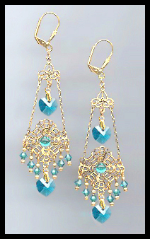 Swarovski Teal Blue Heart Filigree Earrings