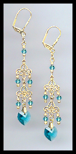Teal Blue Crystal Heart Dangle Earrings