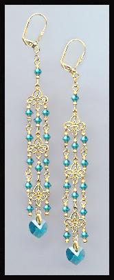 Teal Blue Crystal Heart Chandelier Earrings