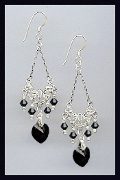 Jet Black Crystal Heart Earrings